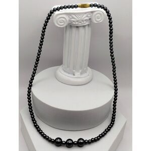 Vintage Glossy Black BB size Glass Beaded Necklace with 3 larger Beads on Center